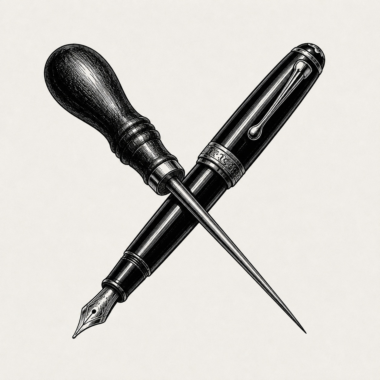 crossed awl and fountain pen