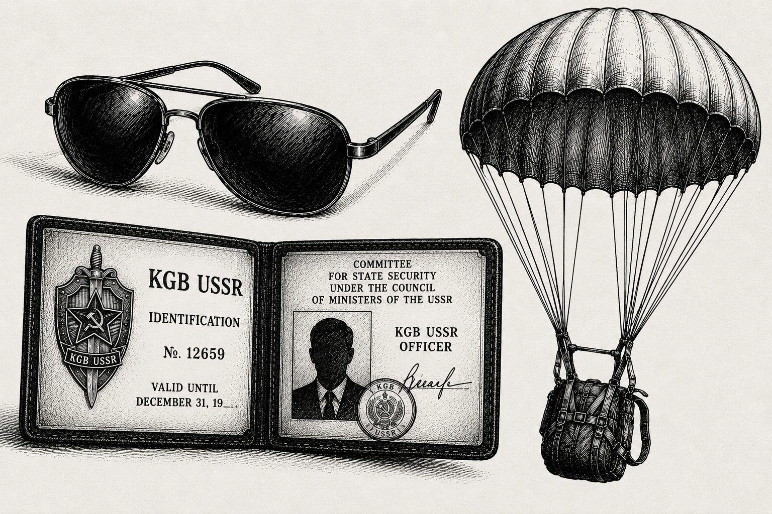 Sunglasses, KGB ID, and a parachute