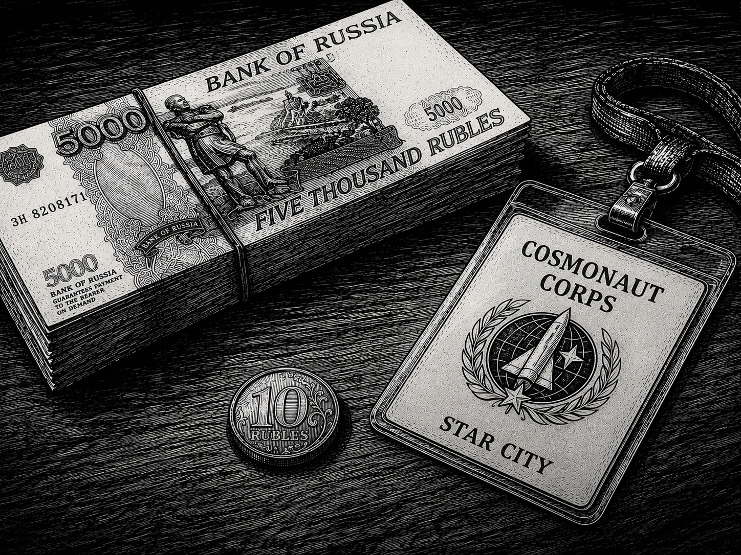 a pack of money, a coin, and a laminated badge