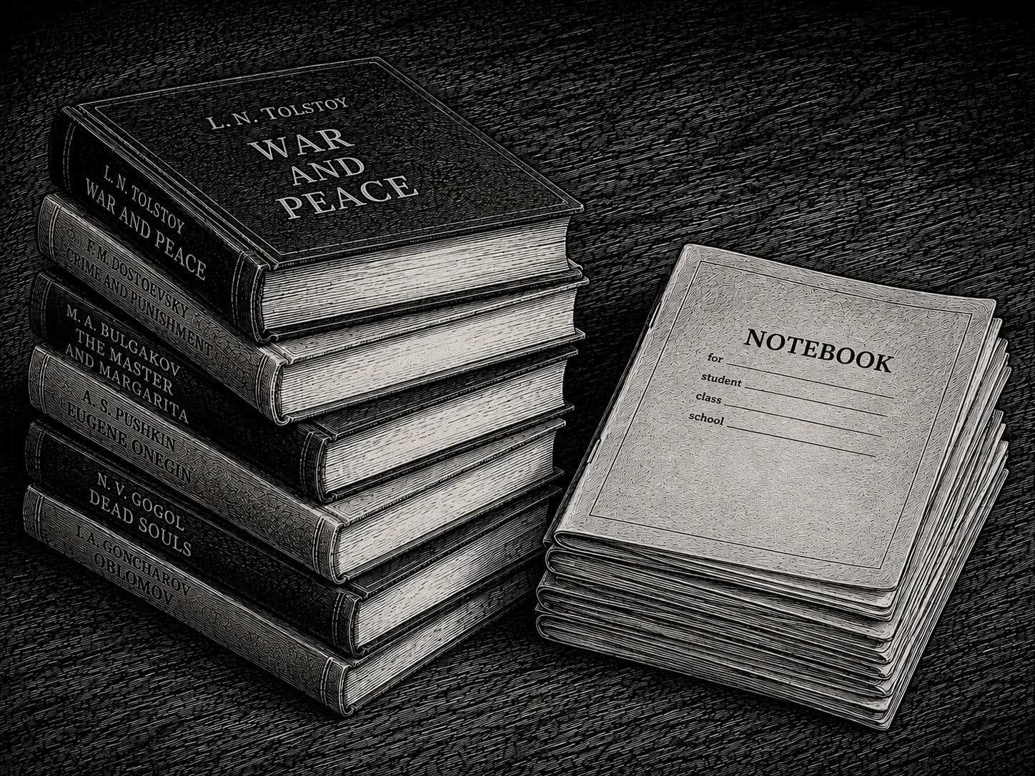 A stack of books and a stack of school notebooks