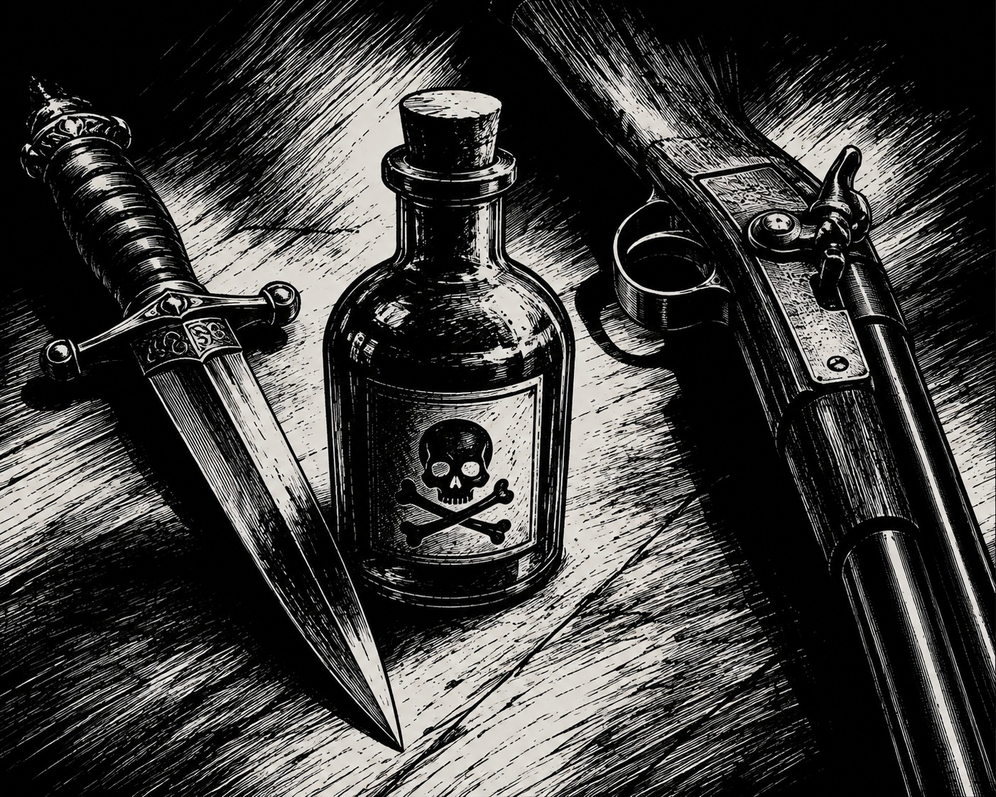 poison, dagger and gun
