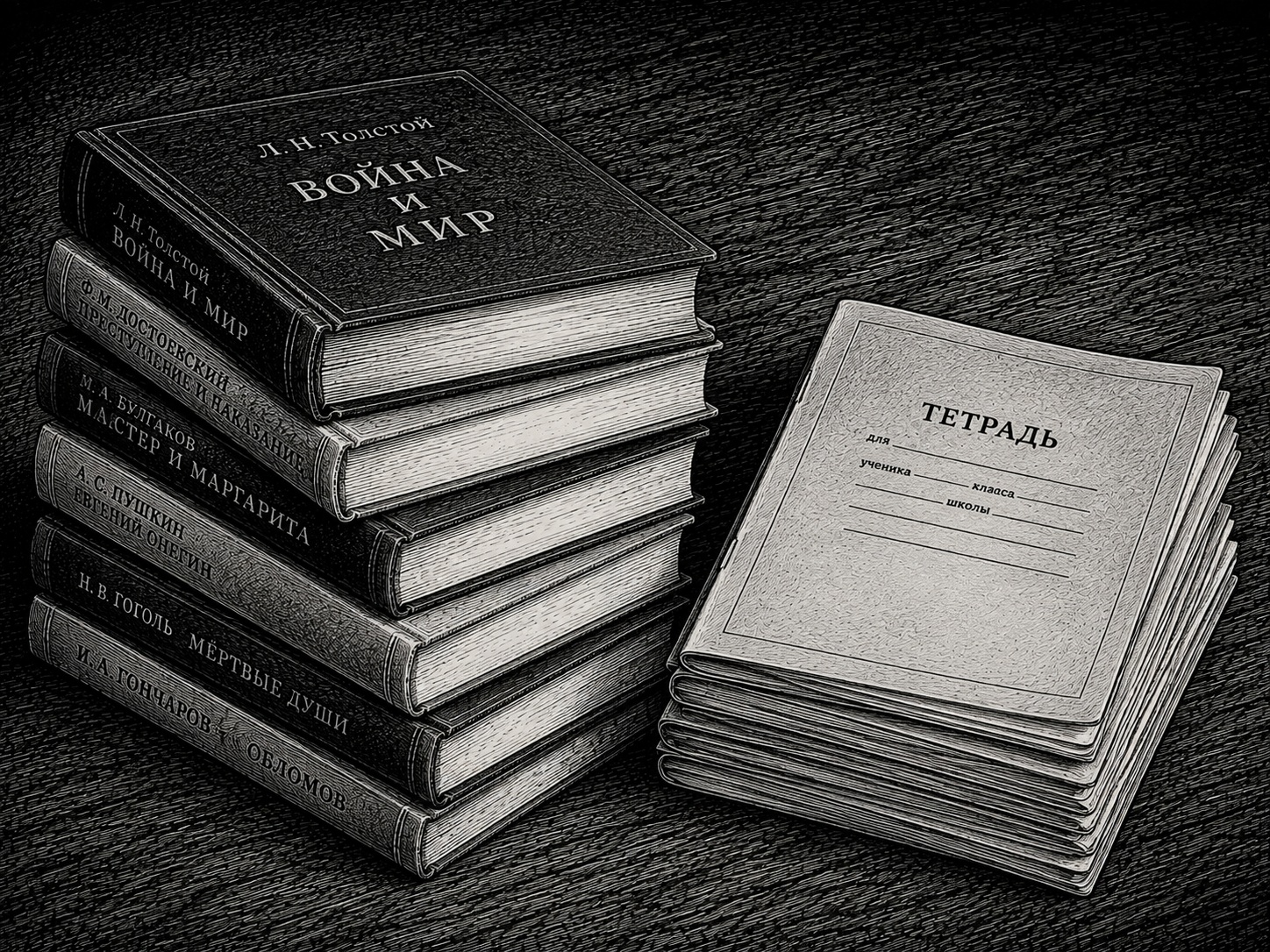 На столе лежат стопка книг и стопка школьных тетрадей.